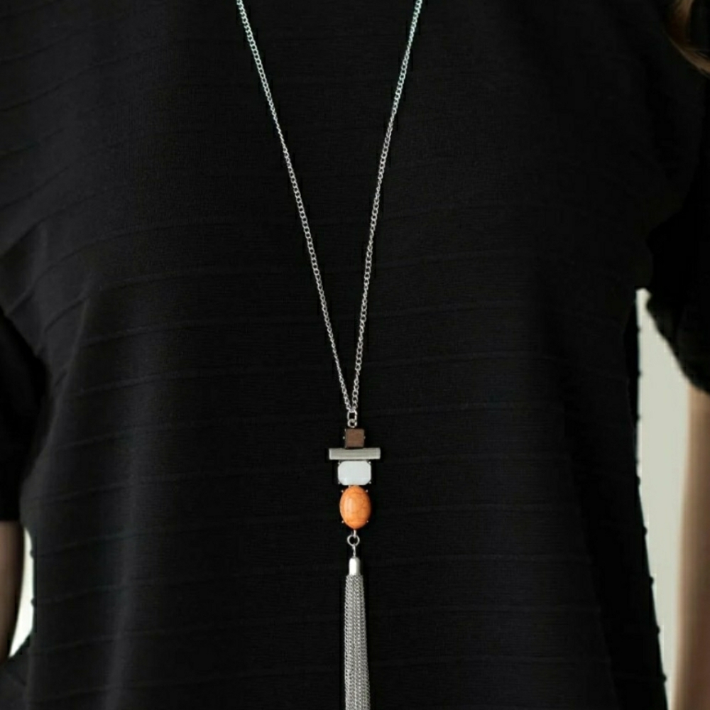 Elegant Silver and Orange Pendant Necklace And Earrings